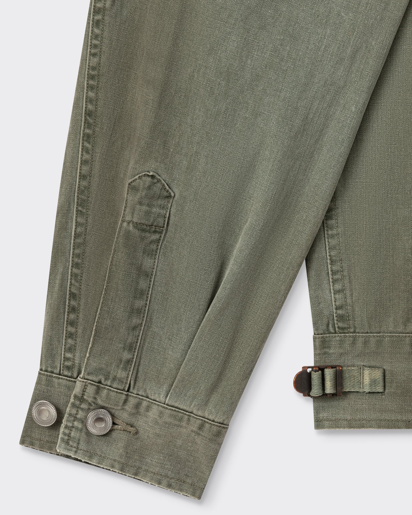 A.PRESSE M-42 jacket in sage cotton herringbone twill, sleeve and cuff detail