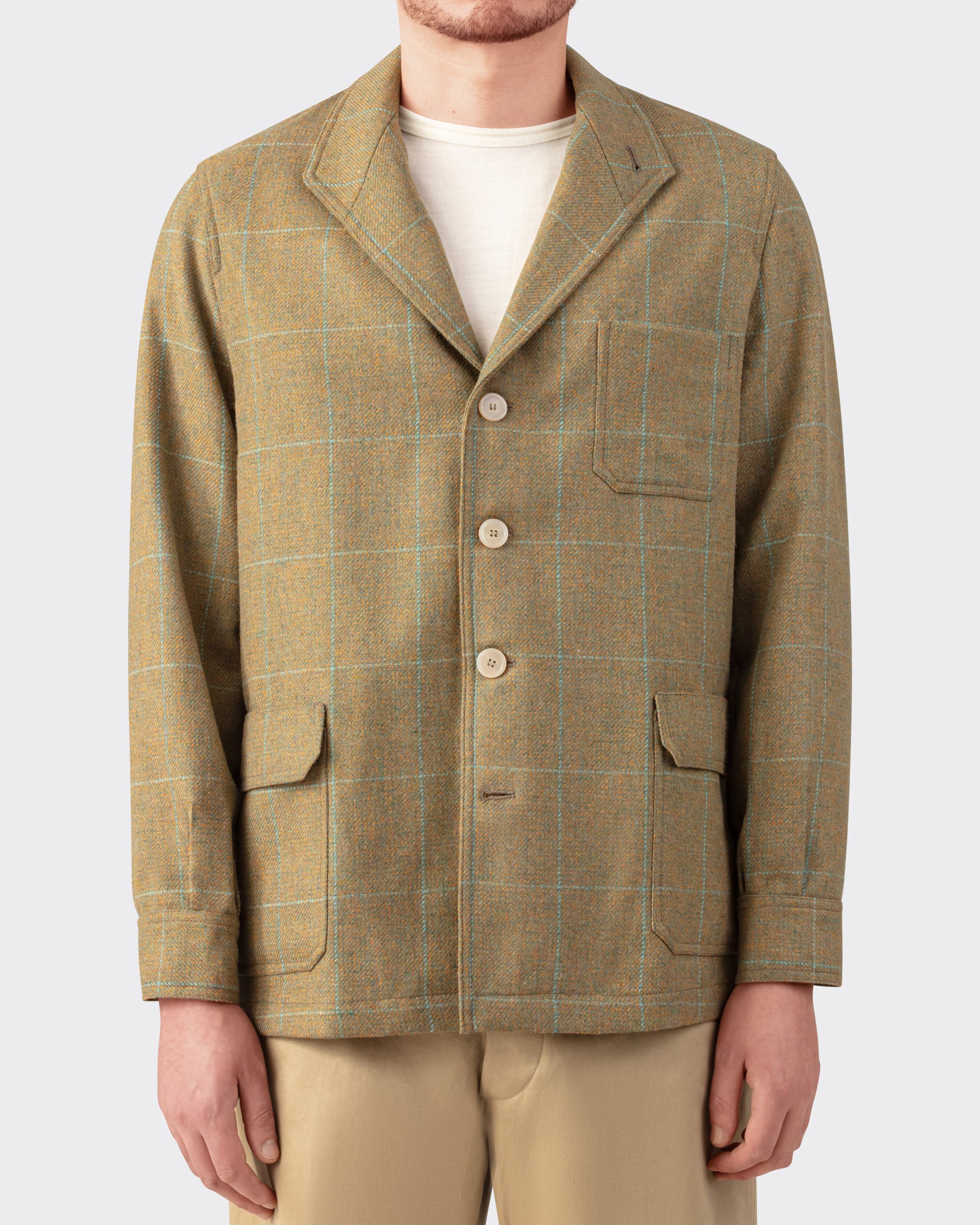 Justo Gimeno : Windowpane Tweed Teba Jacket : Olive/Turquoise