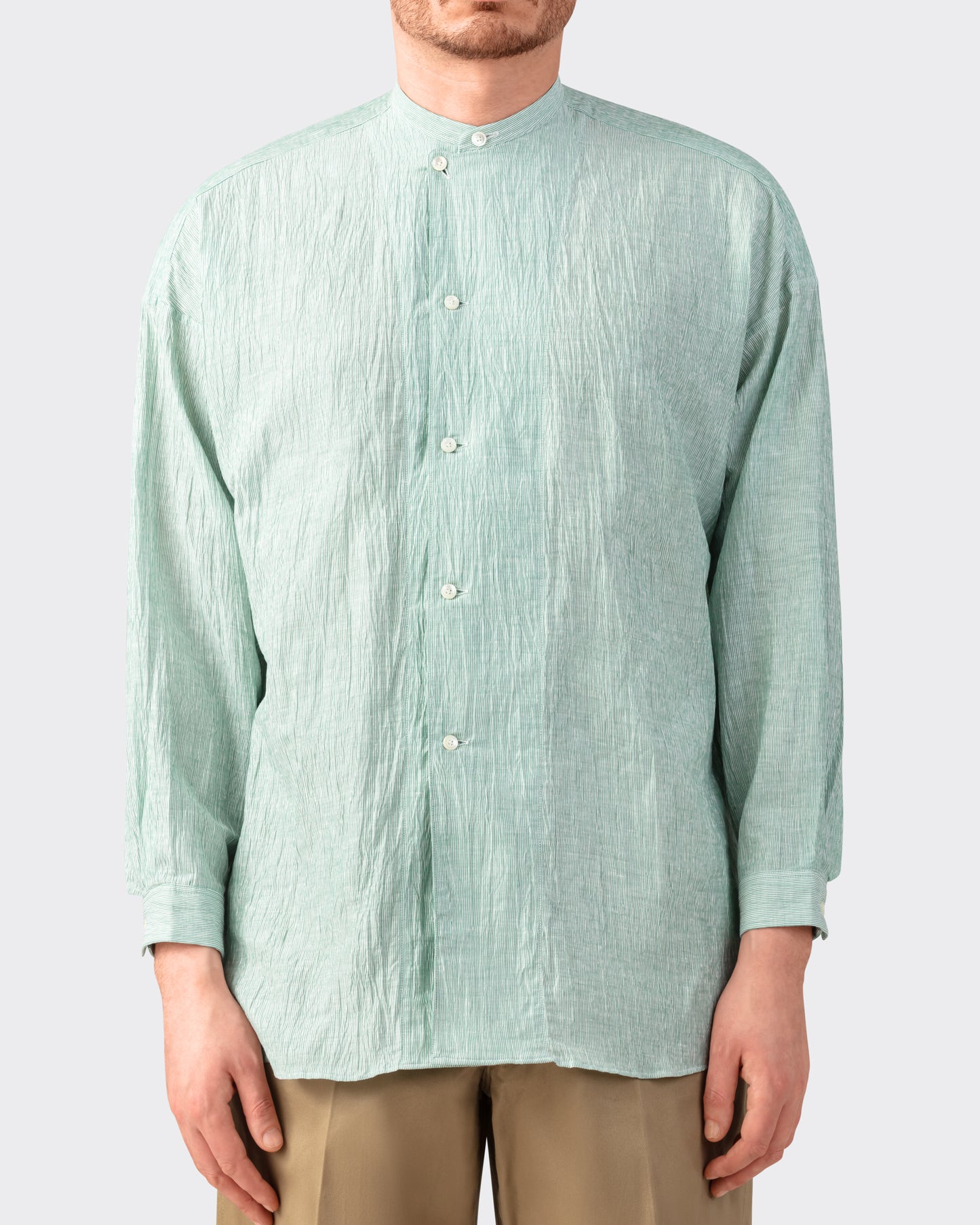 Chemise Col Officier Lin & Coton : Vert-Blanc