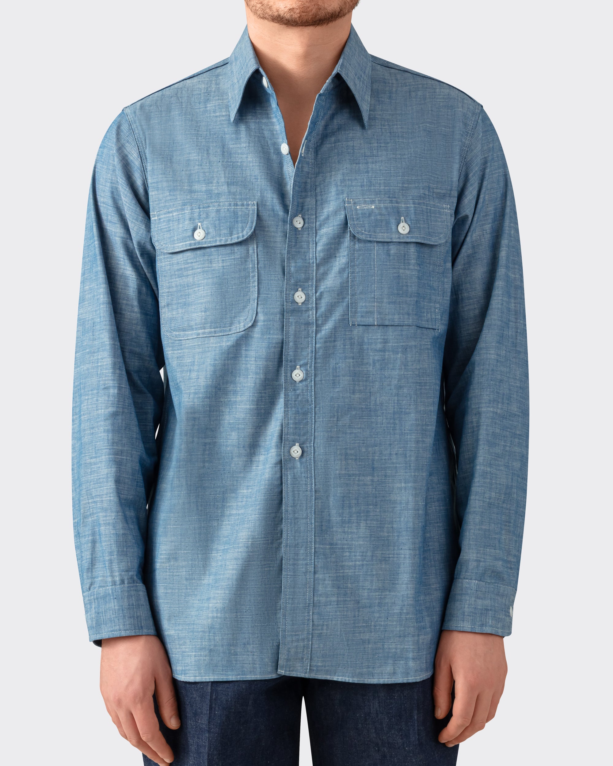 Chemise Chambray Wrangler Pearl Années 90 – Manches Longues, Bleue, Taille M, Vintage