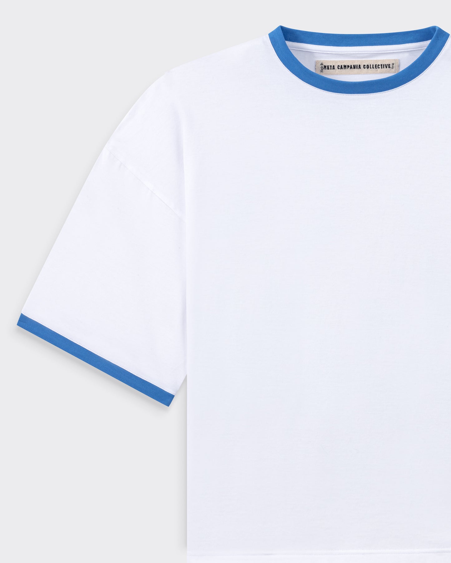 Meta Campania Collective white jersey t-shirt blue ribbed sleeve trims detail BEIGE HABILLEUR PARIS