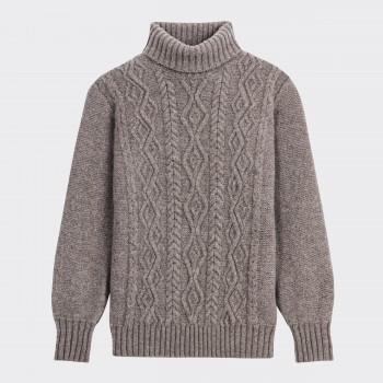 Pull Aran Mérinos Col Roulé : Marron Clair