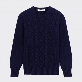 Pull Aran Mérinos Col Rond : Marine
