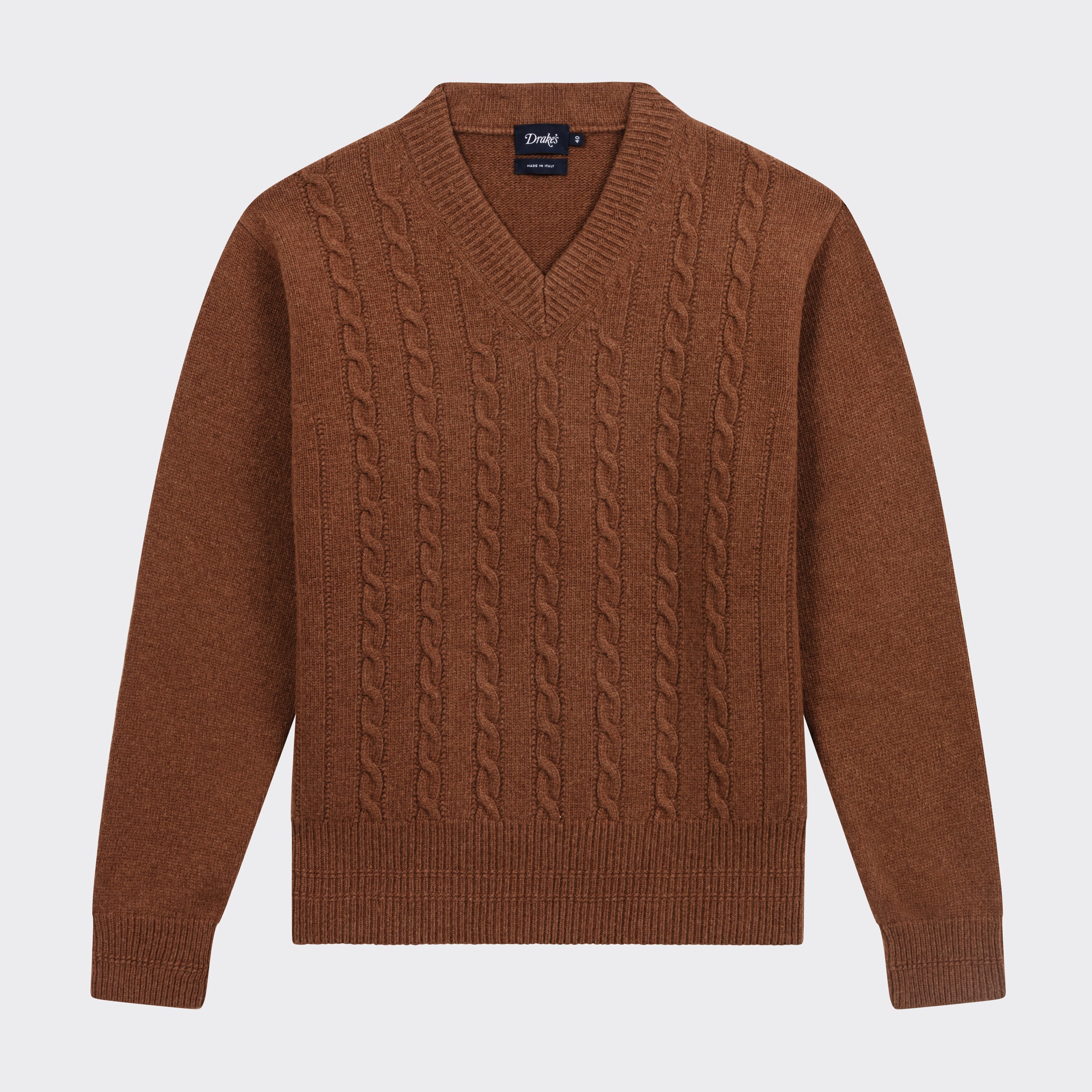 Drake's : Cashmere & Wool Cable Knit V-Neck Sweater : Brown