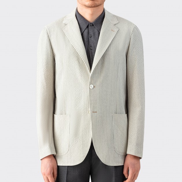 Unconstructed Wool Seersucker Jacket : White/Grey 
