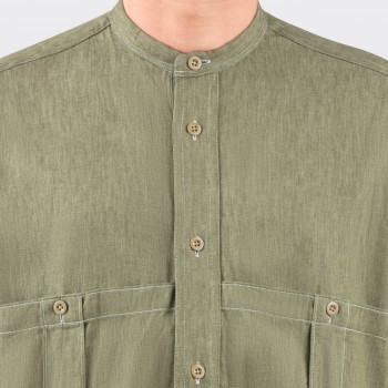 Cotton & Linen Band Collar Overshirt : Olive  