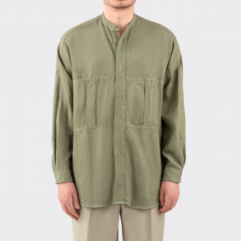 Surchemise Lin & Coton Col Officier : Vert Olive
