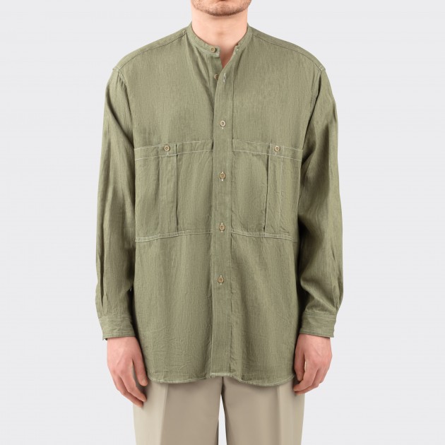 Cotton & Linen Band Collar Overshirt : Olive  