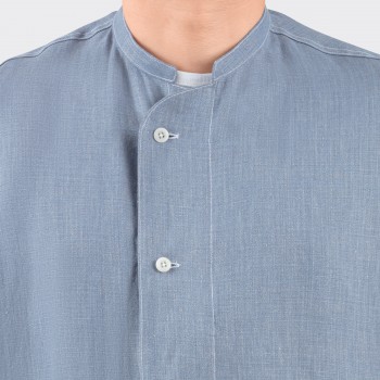 Linen Mandarin Collar Overshirt : Denim Blue 