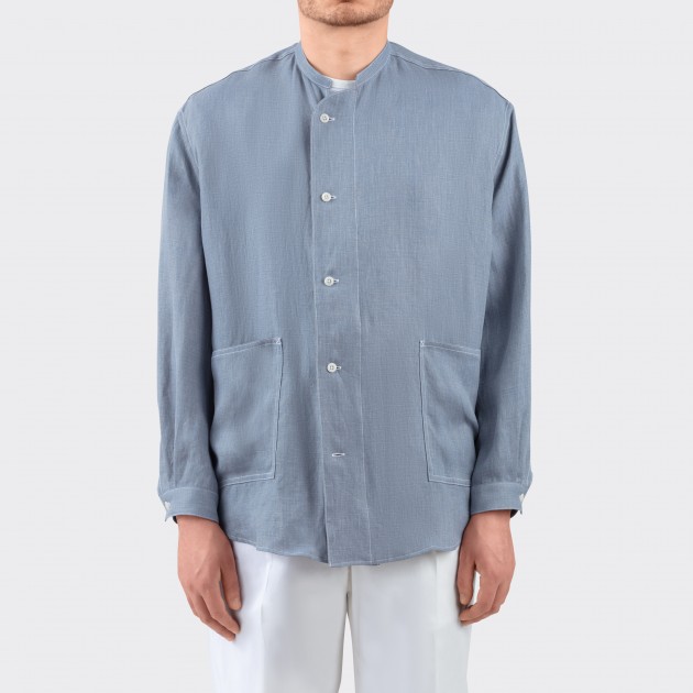 Linen Mandarin Collar Overshirt : Denim Blue 