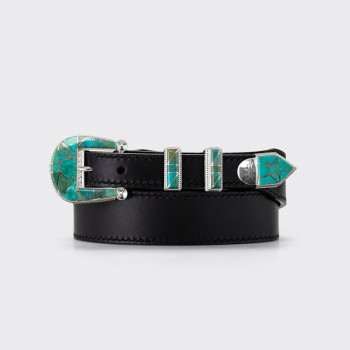 Native American “Crow Spring” Green Turquoise Ranger Belt : Black