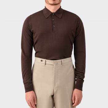 Polo Manches Longues Laine Mérinos : Marron
