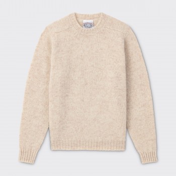 Pull Col Rond Laine Peignée : Blanc Naturel