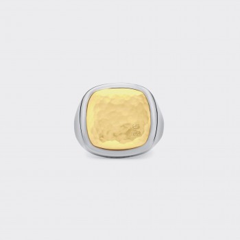 Chevalière Coussin Martelée : Argent 925/Or Jaune 18ct