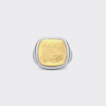 Heavy Cushion Hammered Signet Ring : 925 Silver / 18ct Yellow Gold