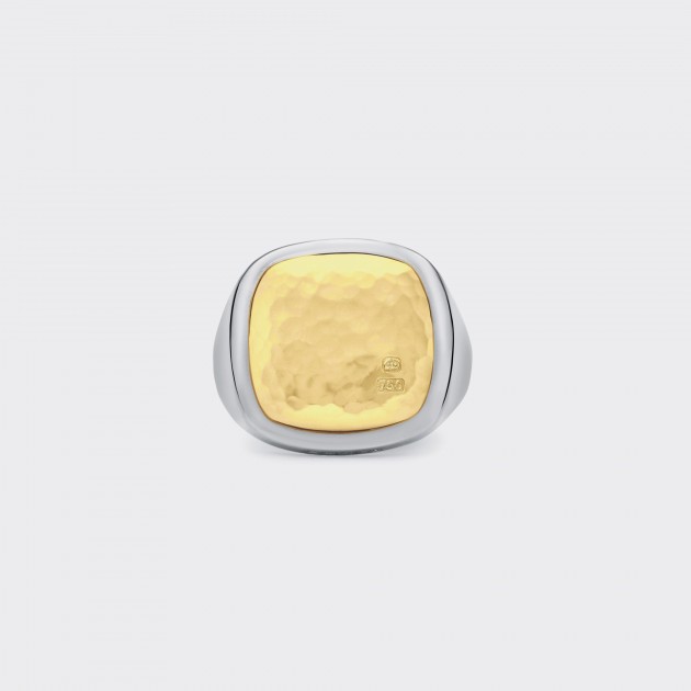 Heavy Cushion Hammered Signet : 925 Silver/18ct Yellow Gold