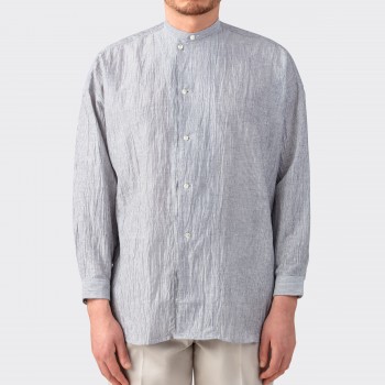 Linen & Coton Band Collar Shirt : Navy/White