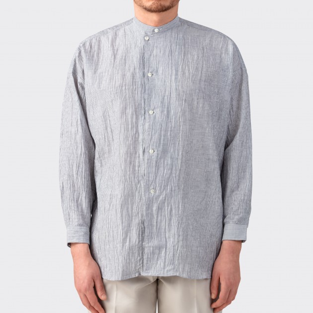 Chemise Col Officier Lin & Coton : Marine/Blanc