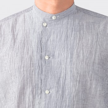 Linen & Coton Band Collar Shirt : Navy/White