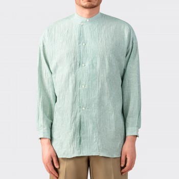 Linen & Coton Band Collar Shirt : Green/White