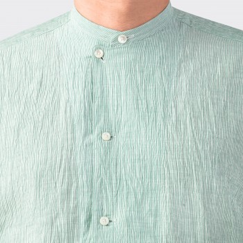 Linen & Coton Band Collar Shirt : Green/White