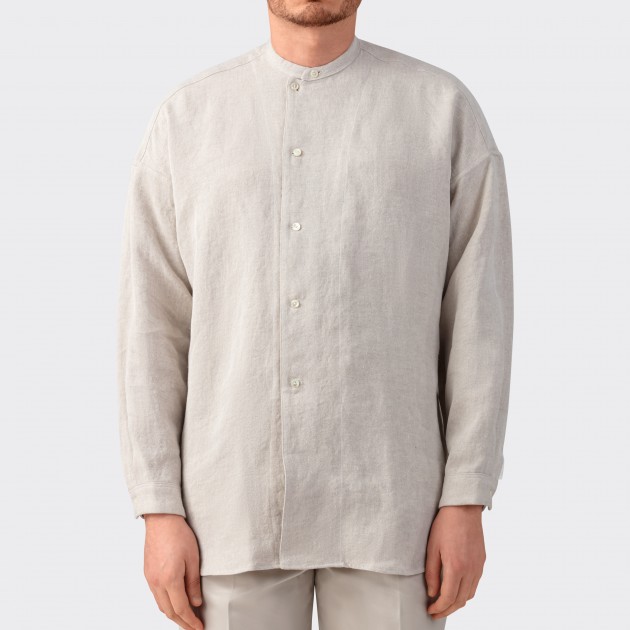 Washed Linen Band Collar Shirt : Ecru