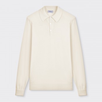 Merino Wool & Cotton Long Sleeves Polo Shirt : Cream