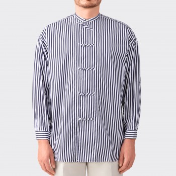 Chemise Mandarin à Rayures Bâtons : Blanc/Marine