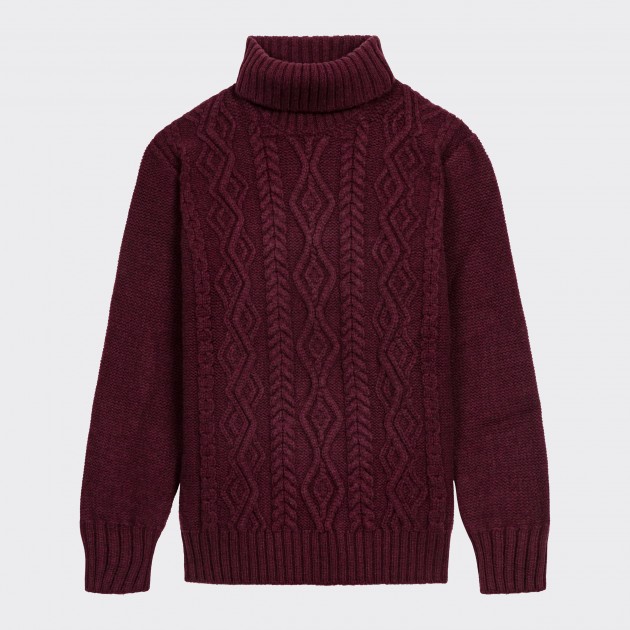 Pull Aran Mérinos Col Roulé : Bordeaux