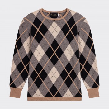 Pull Col Rond Argyle en Cachemire: Beige/Marron/Noir