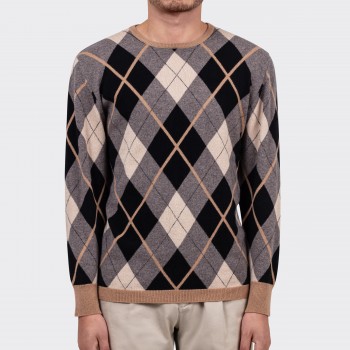 Pull Col Rond Argyle en Cachemire: Beige/Marron/Noir