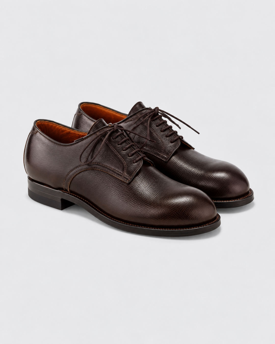 Viberg Navvy Cut Derby in malt brown Alcazar grained calf, three-quarter view