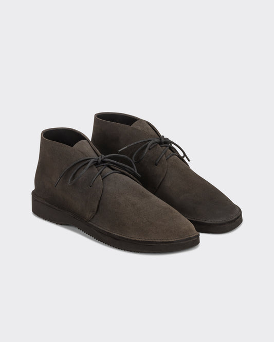 Aurora for BEIGE North Pacific chukka boots in charcoal Horween roughout leather, three quarter view