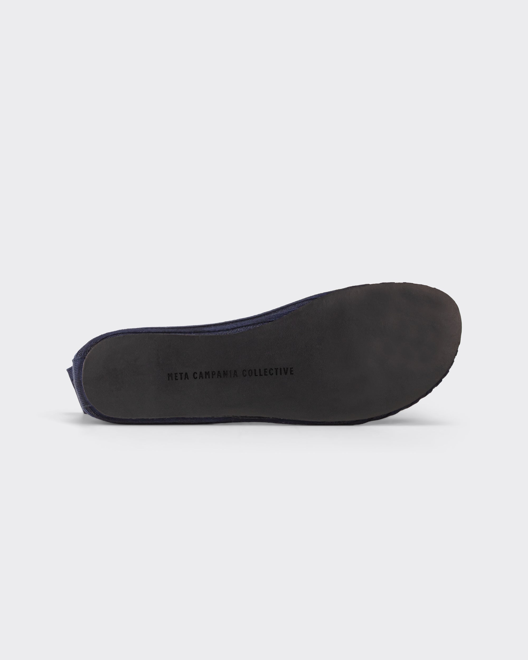 Meta Campania Collective midnight blue silk slip-on shoes leather sole detail BEIGE HABILLEUR PARIS