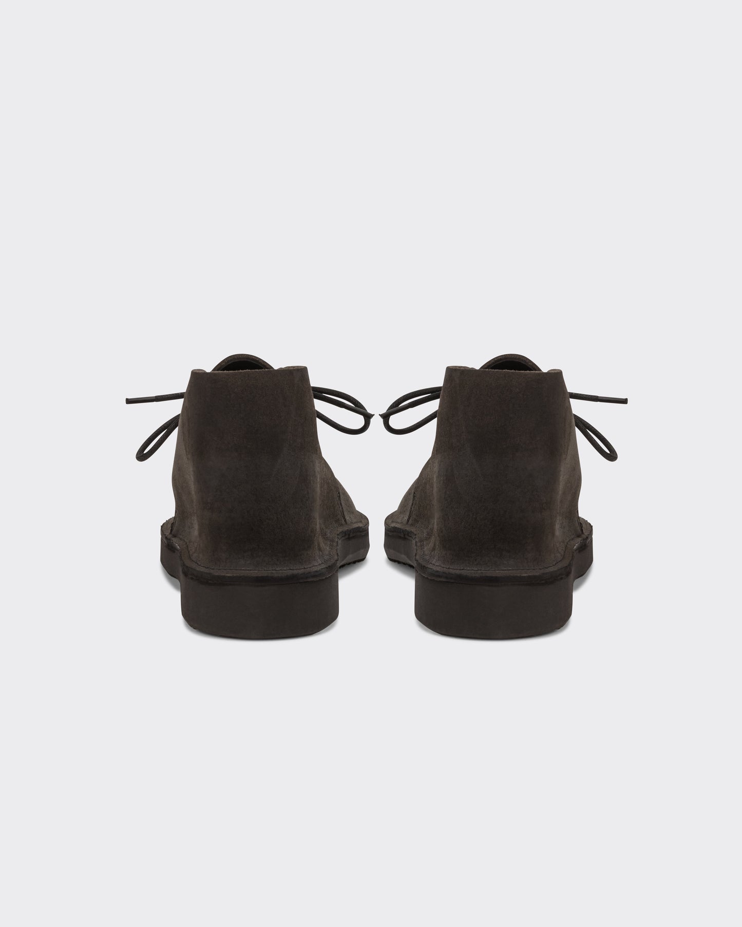 Aurora for BEIGE North Pacific chukka boots in charcoal Horween roughout leather, back view