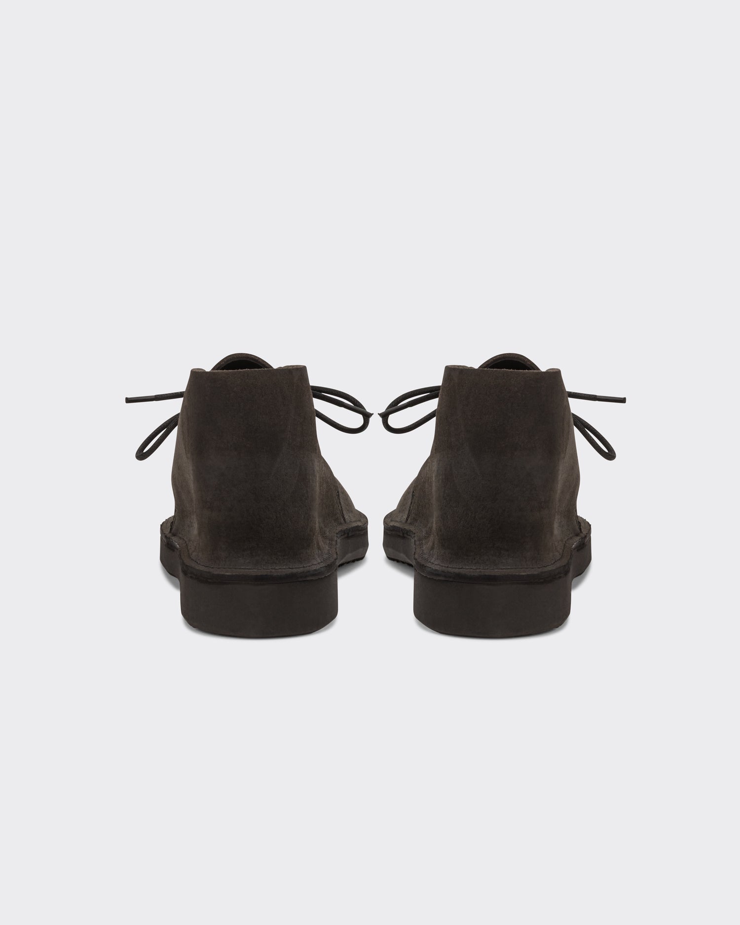 Aurora for BEIGE North Pacific chukka boots in charcoal Horween roughout leather, back view