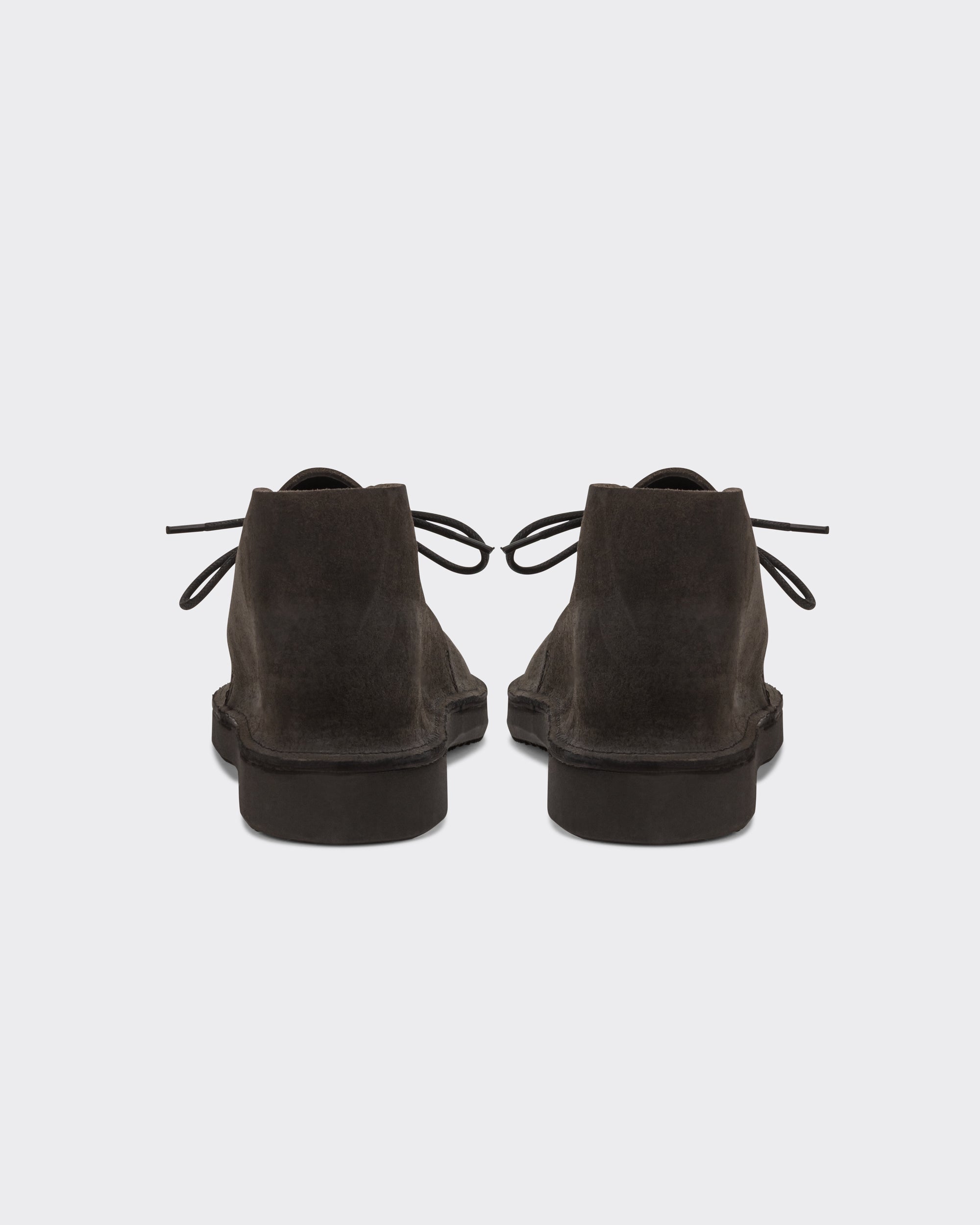 Aurora for BEIGE North Pacific chukka boots in charcoal Horween roughout leather, back view