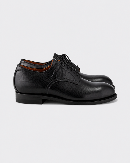Viberg Navvy Cut Derby in black Alcazar grained calf, side view