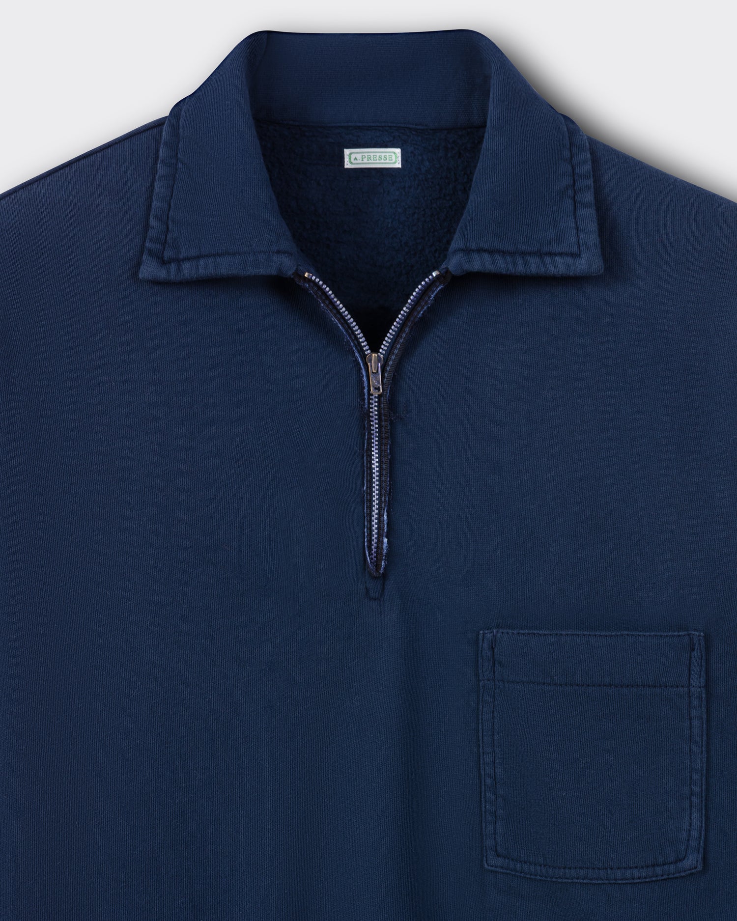 A.PRESSE half-zip sweatshirt in 100% cotton fleece, 1950s vintage inspiration, hand-treated patina, made in Japan