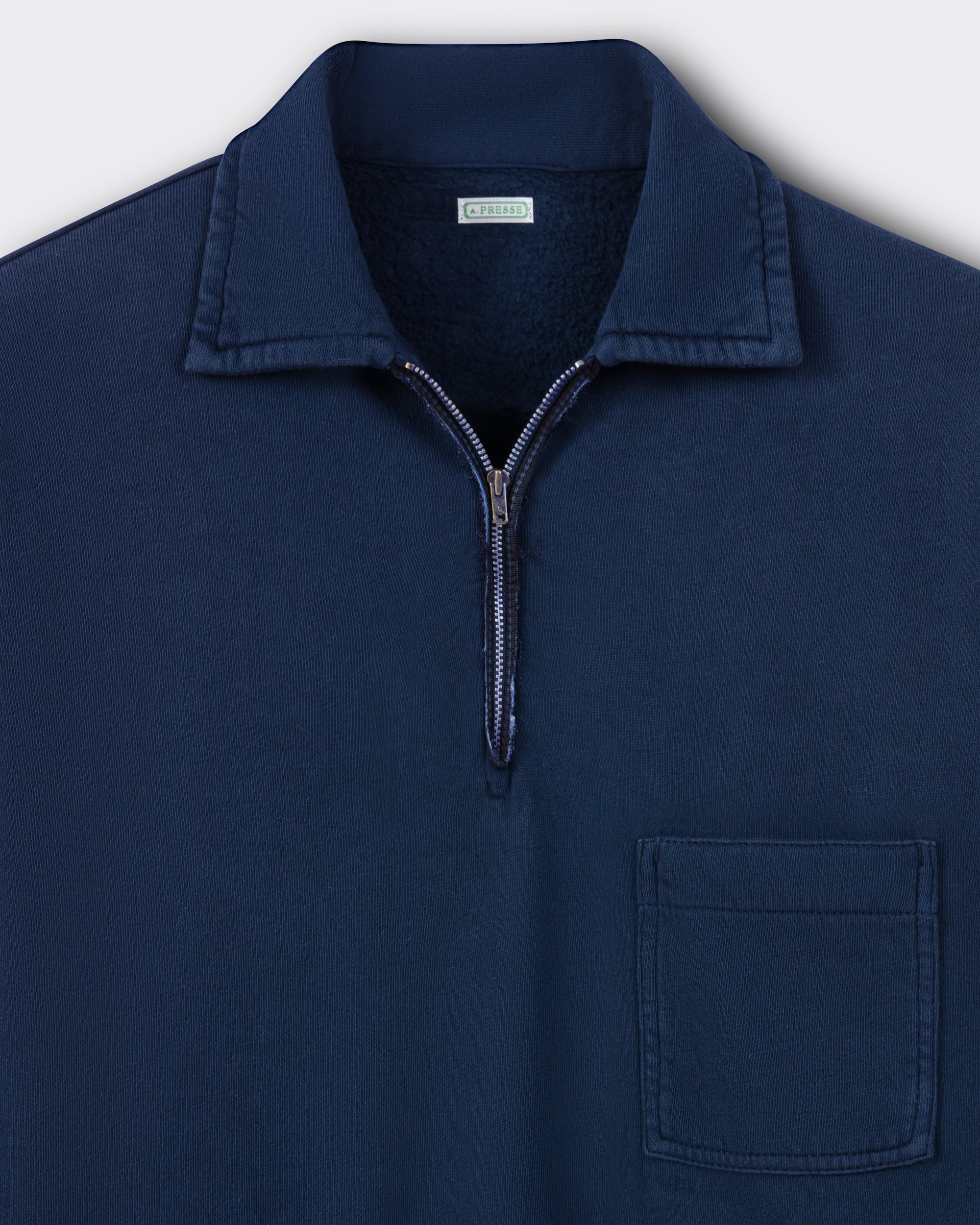 A.PRESSE half-zip sweatshirt in 100% cotton fleece, 1950s vintage inspiration, hand-treated patina, made in Japan