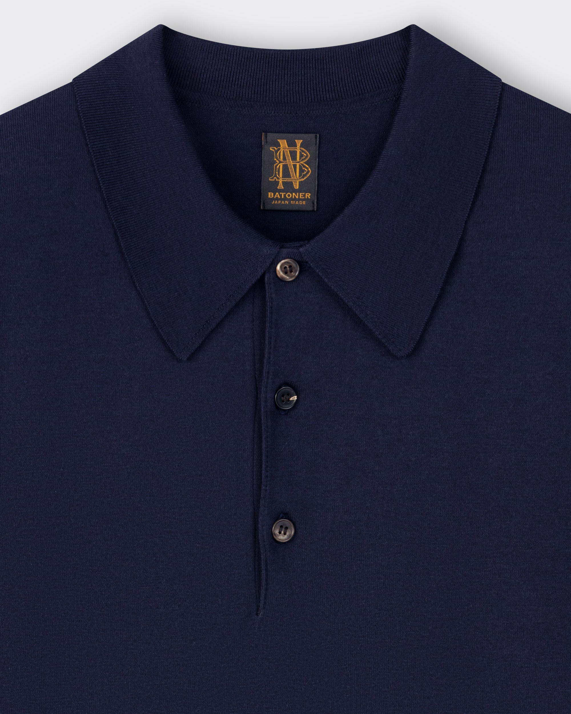 Batoner Sea Island cotton polo shirt navy — collar and ribbed trim detail