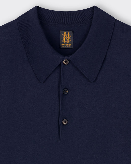 Batoner Sea Island cotton polo shirt navy — collar and ribbed trim detail
