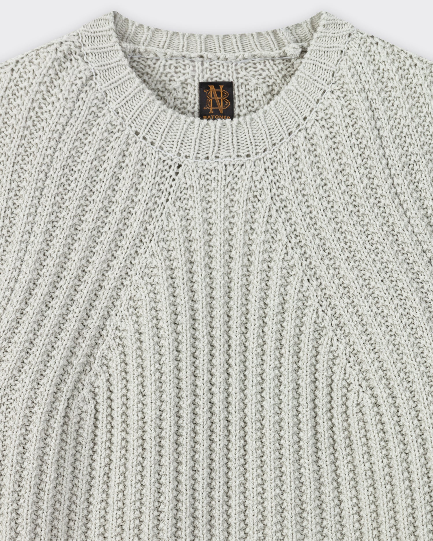 Batoner chunky signature crew neck knit in summer wool, mint green, low gauge, made in Japan Details