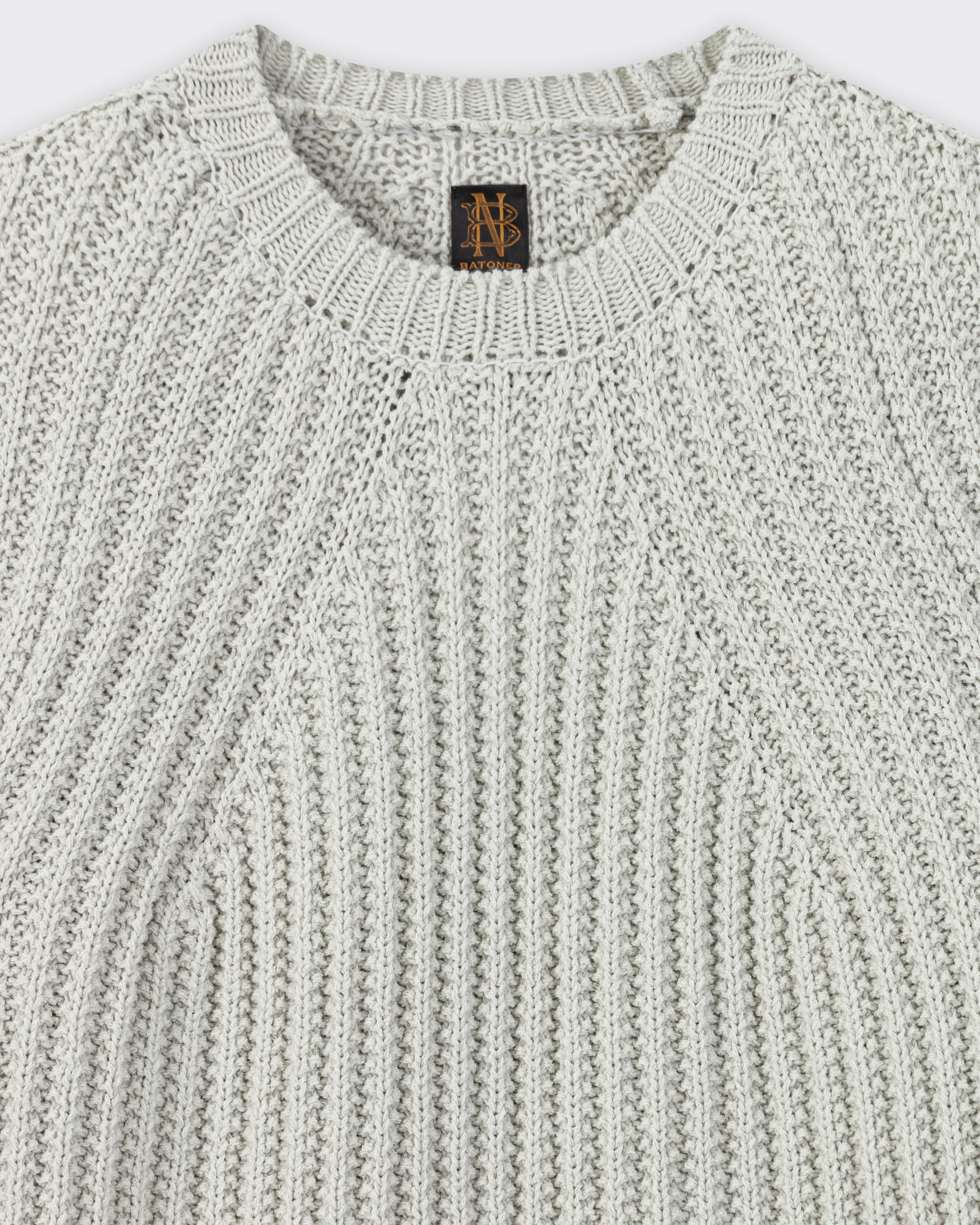 Batoner chunky signature crew neck knit in summer wool, mint green, low gauge, made in Japan Details