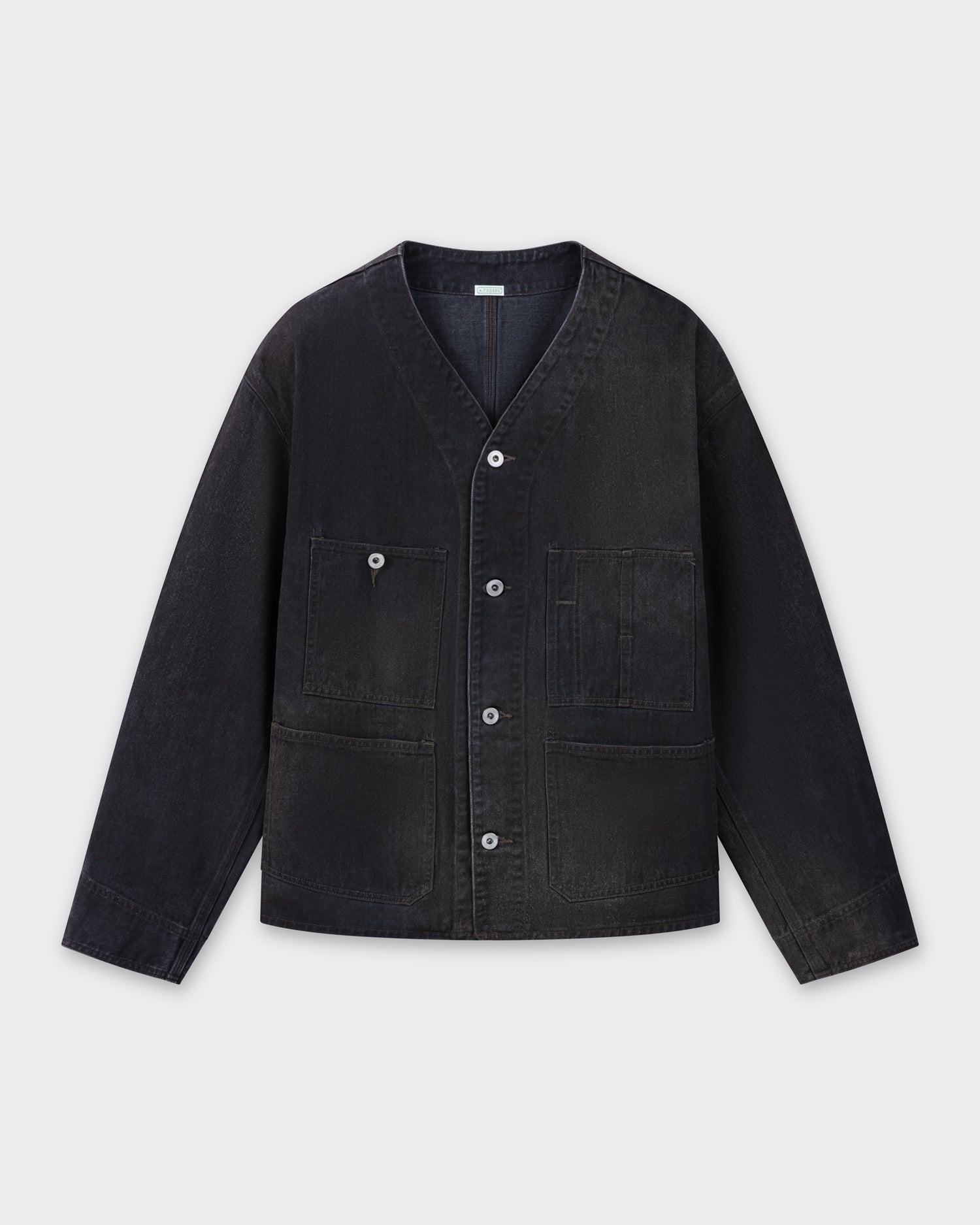A.PRESSE engineer jacket in 10oz black selvedge denim, 1950s inspiration, hand-treated patina, made in Japan