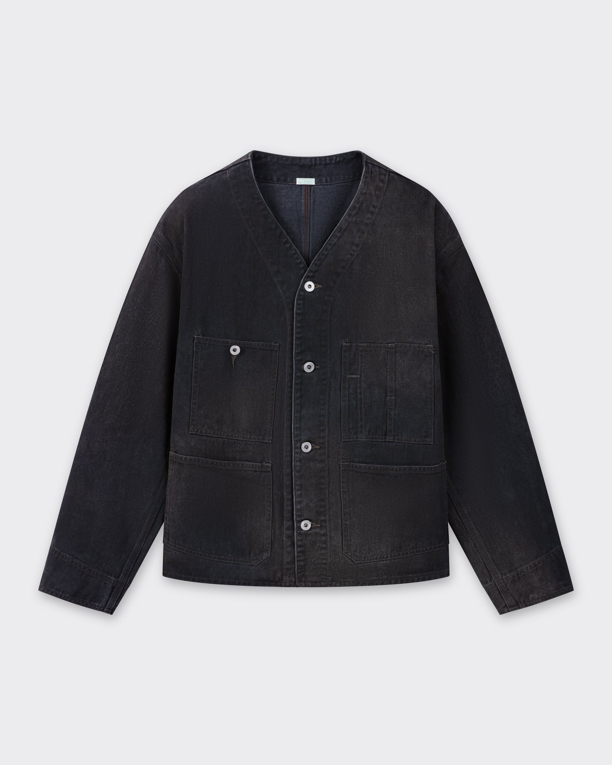 A.PRESSE engineer jacket in 10oz black selvedge denim, 1950s inspiration, hand-treated patina, made in Japan