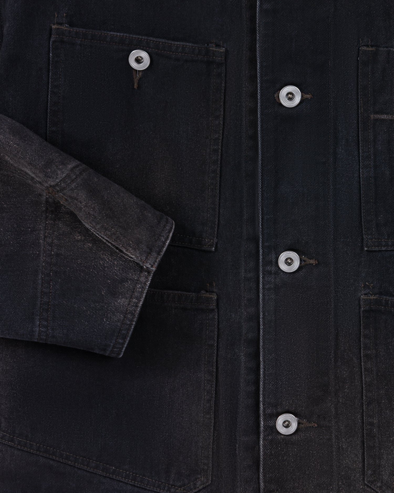 A.PRESSE engineer jacket in 10oz black selvedge denim, 1950s inspiration, hand-treated patina, made in Japan