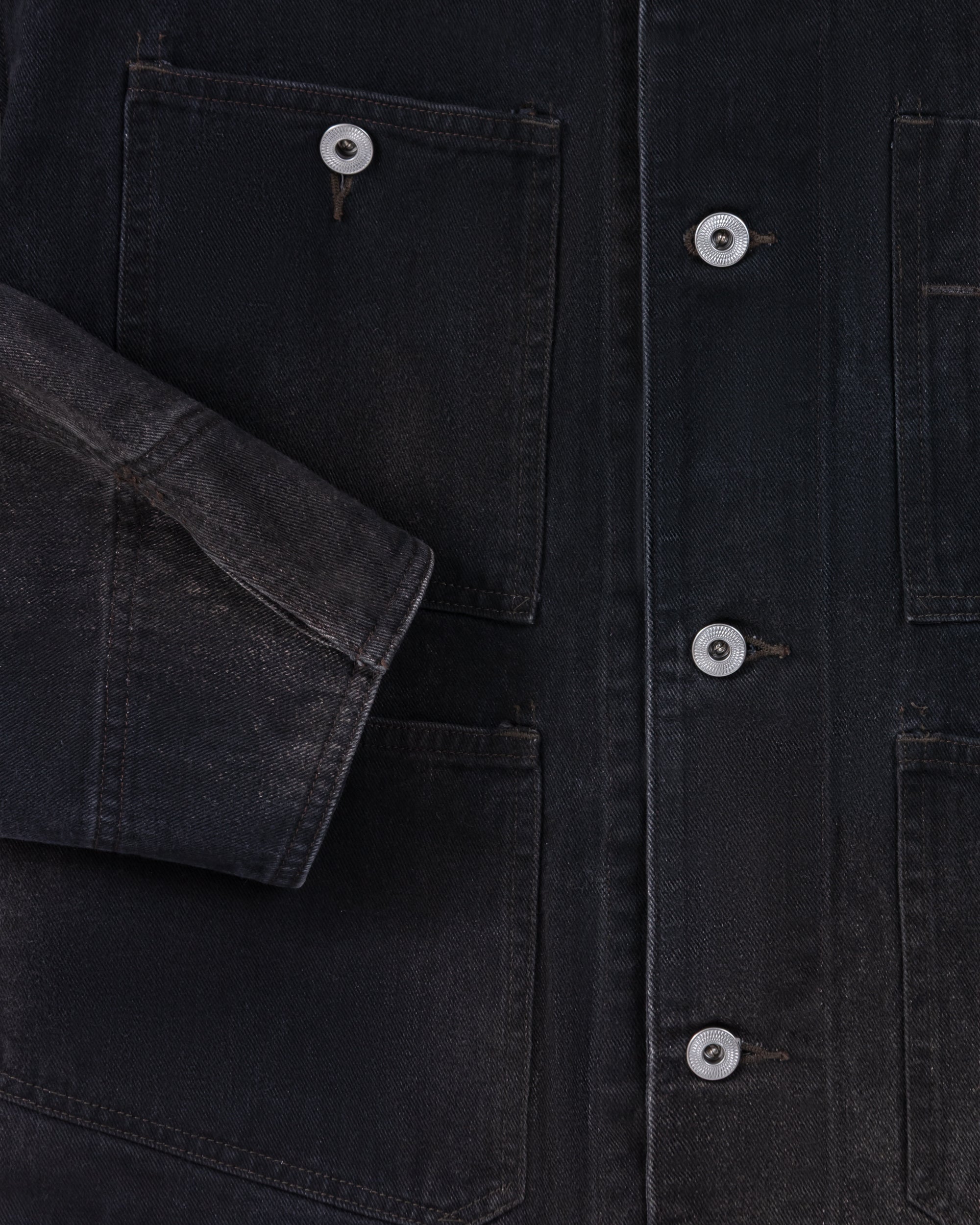 A.PRESSE engineer jacket in 10oz black selvedge denim, 1950s inspiration, hand-treated patina, made in Japan