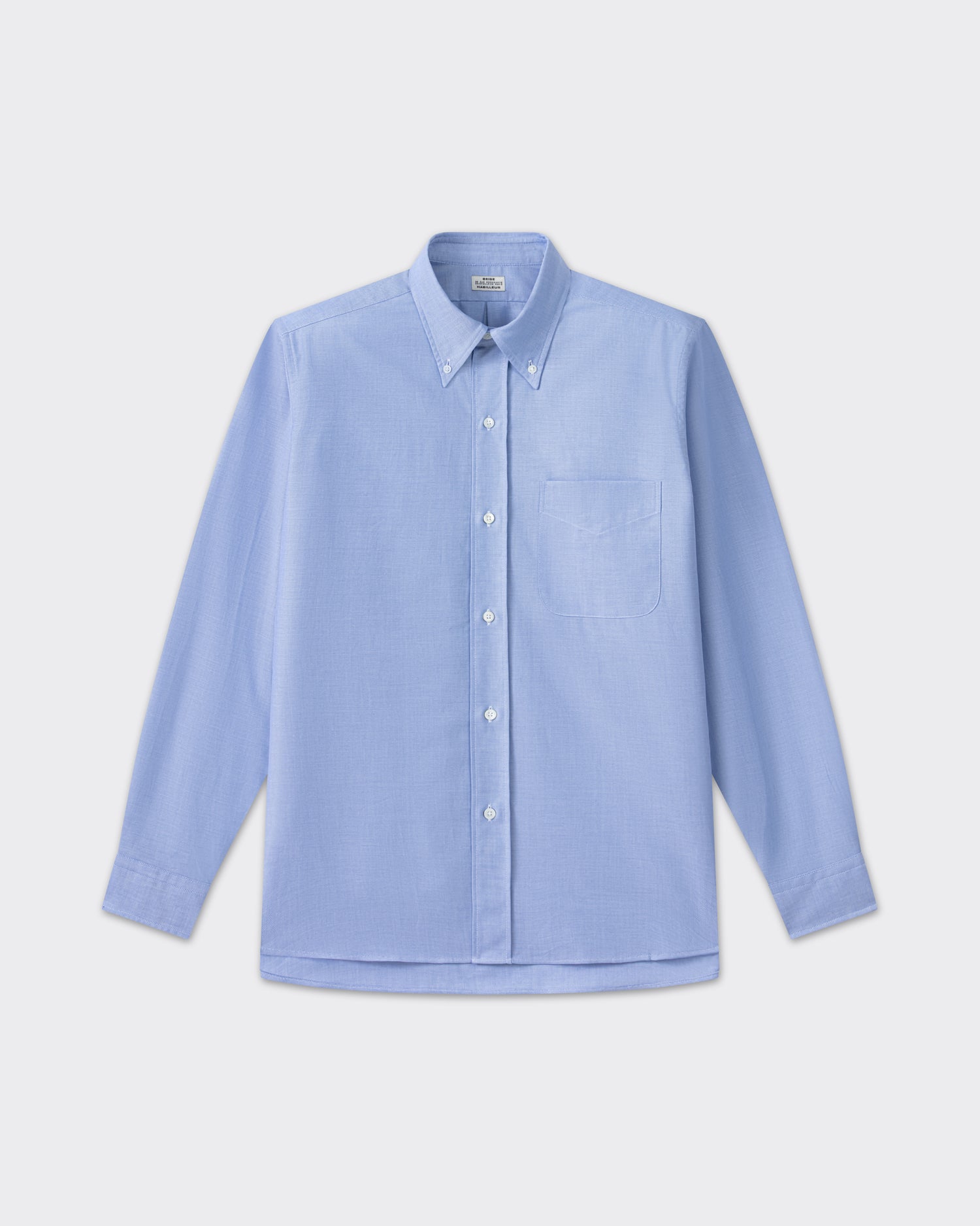 Sky blue cotton oxford OCBD shirt, front view, BEIGE HABILLEUR PARIS