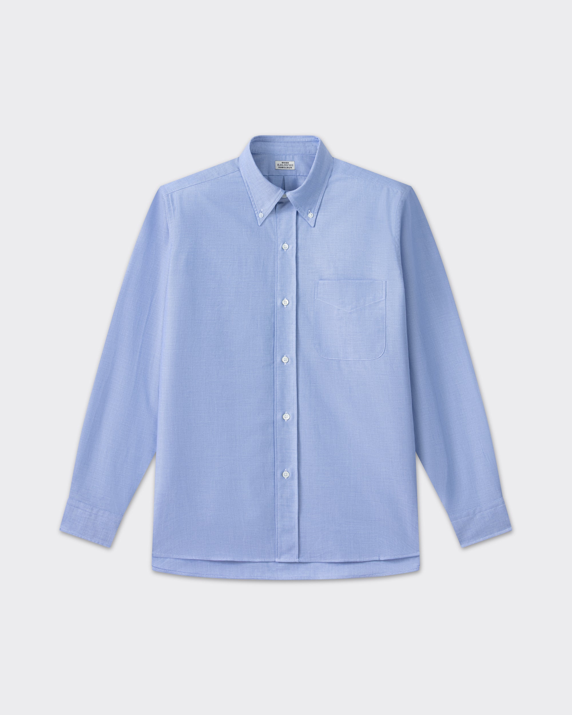 Sky blue cotton oxford OCBD shirt, front view, BEIGE HABILLEUR PARIS